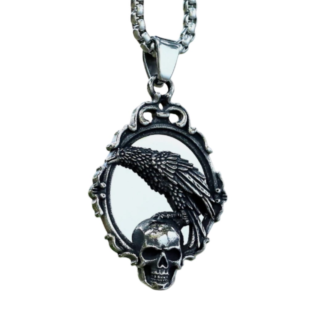 Halskette Spiegel mit Totenkopf und Rabe Silber 60 cm