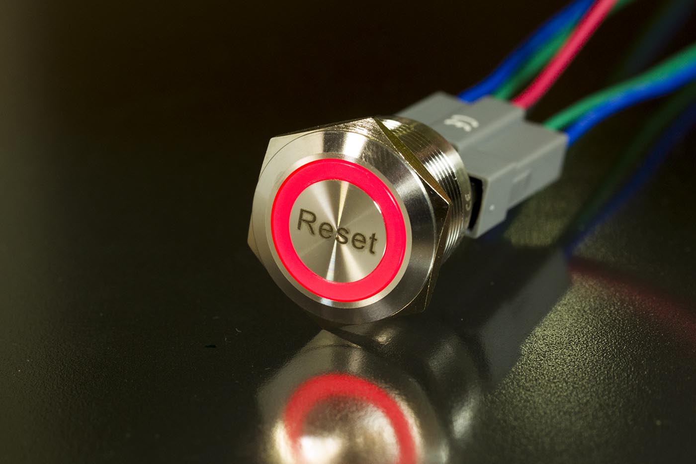 Einbauschalter - / Taster 22 mm Ring LED Lasergravur "Reset"