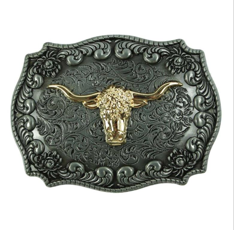 Gürtelschnalle Longhorn Büffel silber/gold für Gürtel bis 4 cm Breite