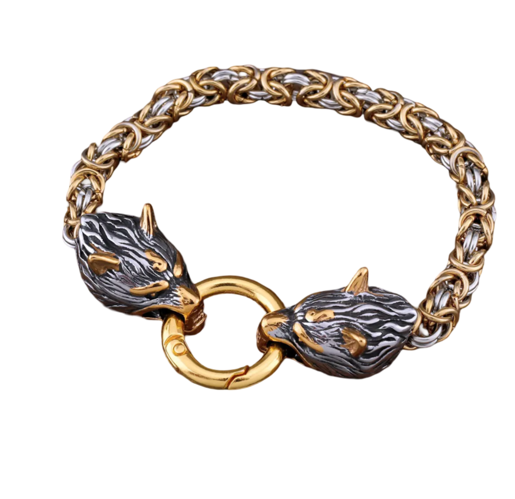 Edles nordisches Armband mit Wolfsköpfen Edelstahl Silber Gold Herren 21 cm