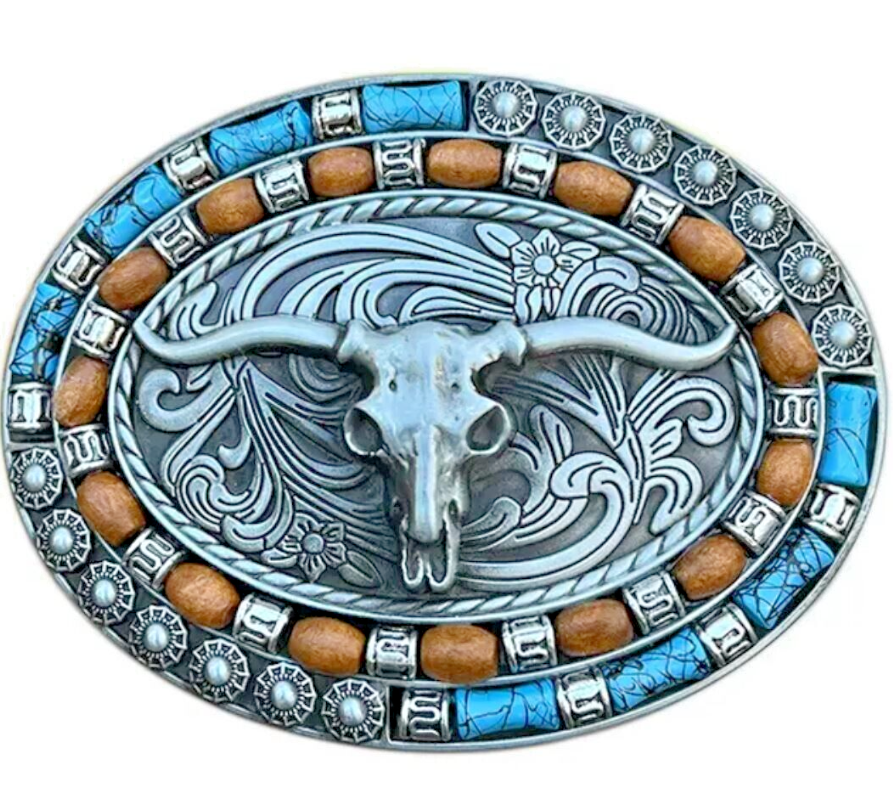 Gürtelschnalle Buckle für Gürtel bis 4 cm Metall Büffel Longhorn Cowboy Indianer