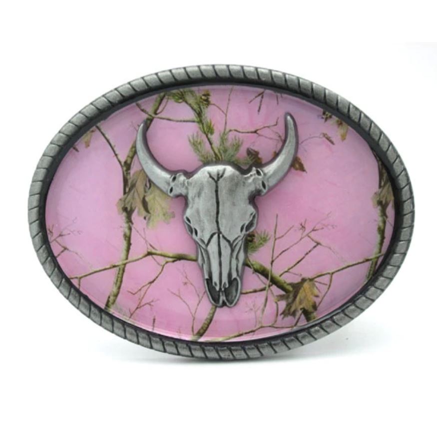 Gürtelschnalle Longhorn Büffel silber/pink für Gürtel bis 4 cm Breite